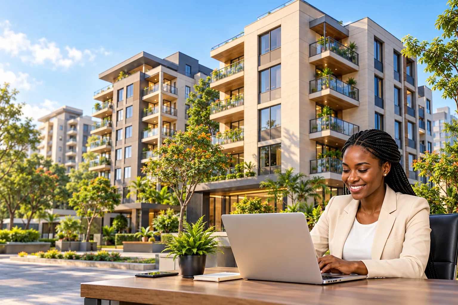 Modern apartments and a property professional using a laptop